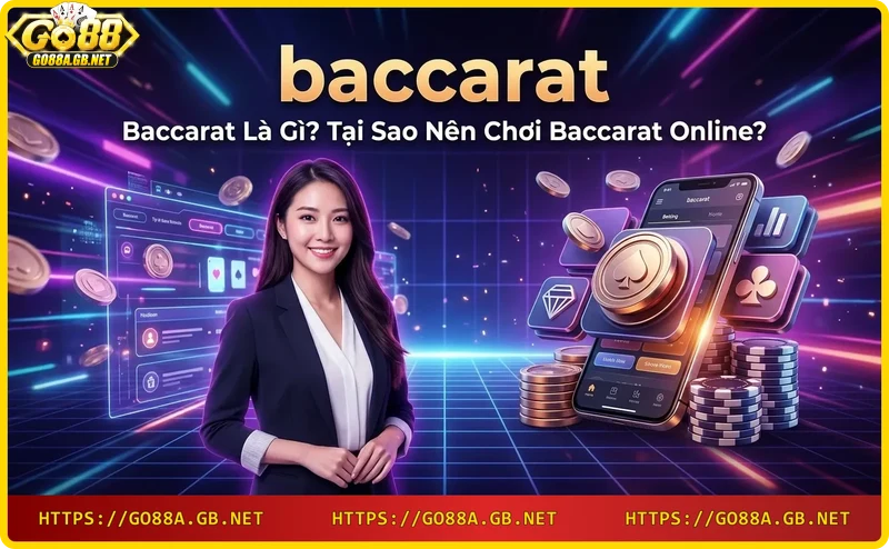 Bàn baccarat với hai tay bài Player và Banker, chip và bài trên nền casino