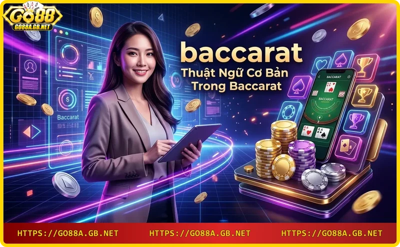 Cận cảnh bài baccarat và chip casino với hiệu ứng ánh sáng neon