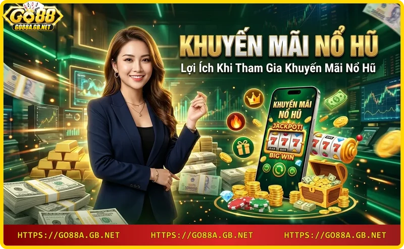 Chồng tiền vàng và biểu tượng jackpot lấp lánh từ khuyến mãi nổ hũ Go88