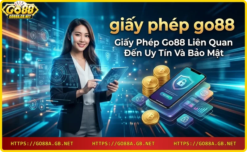 Giấy phép Go88 kết hợp biểu tượng bảo mật và uy tín - hình ảnh chứng chỉ vàng trên nền công nghệ