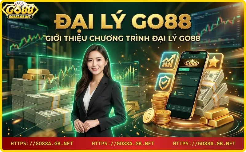 Giới thiệu chương trình đại lý Go88 với laptop, tiền xu và biểu tượng đối tác
