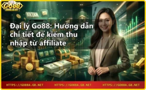 Giới thiệu chương trình đại lý Go88 với laptop, tiền xu và biểu tượng đối tác