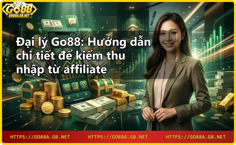 Giới thiệu chương trình đại lý Go88 với laptop, tiền xu và biểu tượng đối tác