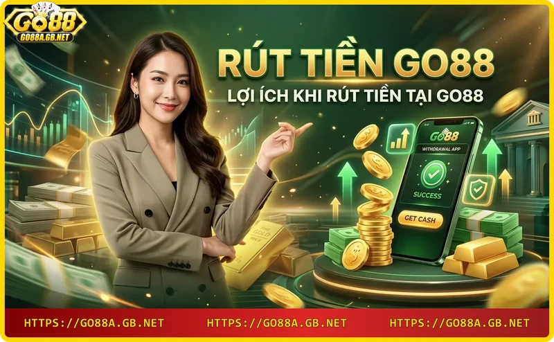 Người dùng nhận được lợi ích khi rút tiền Go88, minh họa bằng điện thoại và biểu tượng thành công