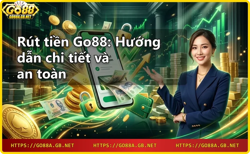 Người dùng nhận được lợi ích khi rút tiền Go88, minh họa bằng điện thoại và biểu tượng thành công