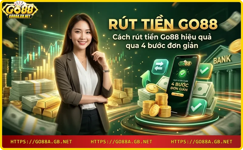 Quy trình 4 bước rút tiền Go88 được minh họa bằng các biểu tượng trên điện thoại