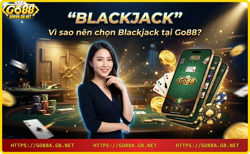Smartphone showing blackjack game with a winning hand, set against a luxurious casino background.