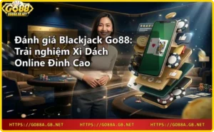 Smartphone showing blackjack game with a winning hand, set against a luxurious casino background.