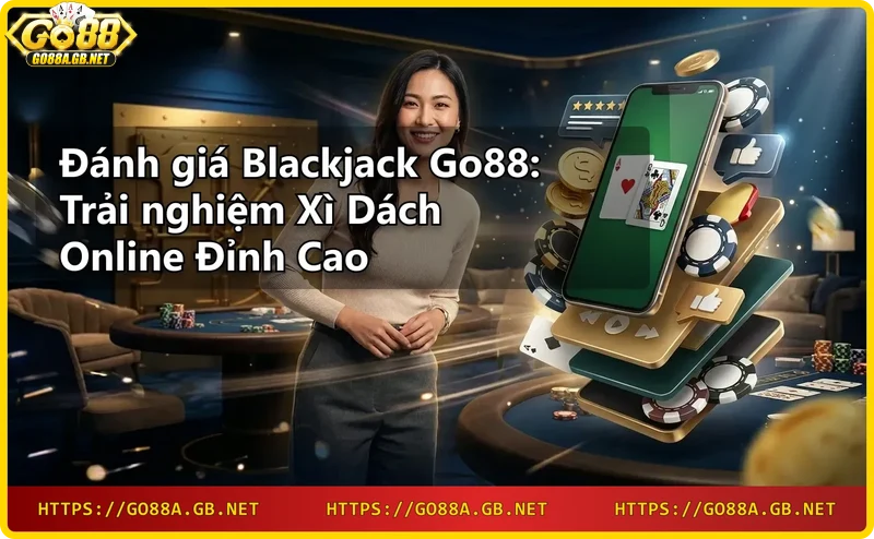 Smartphone showing blackjack game with a winning hand, set against a luxurious casino background.